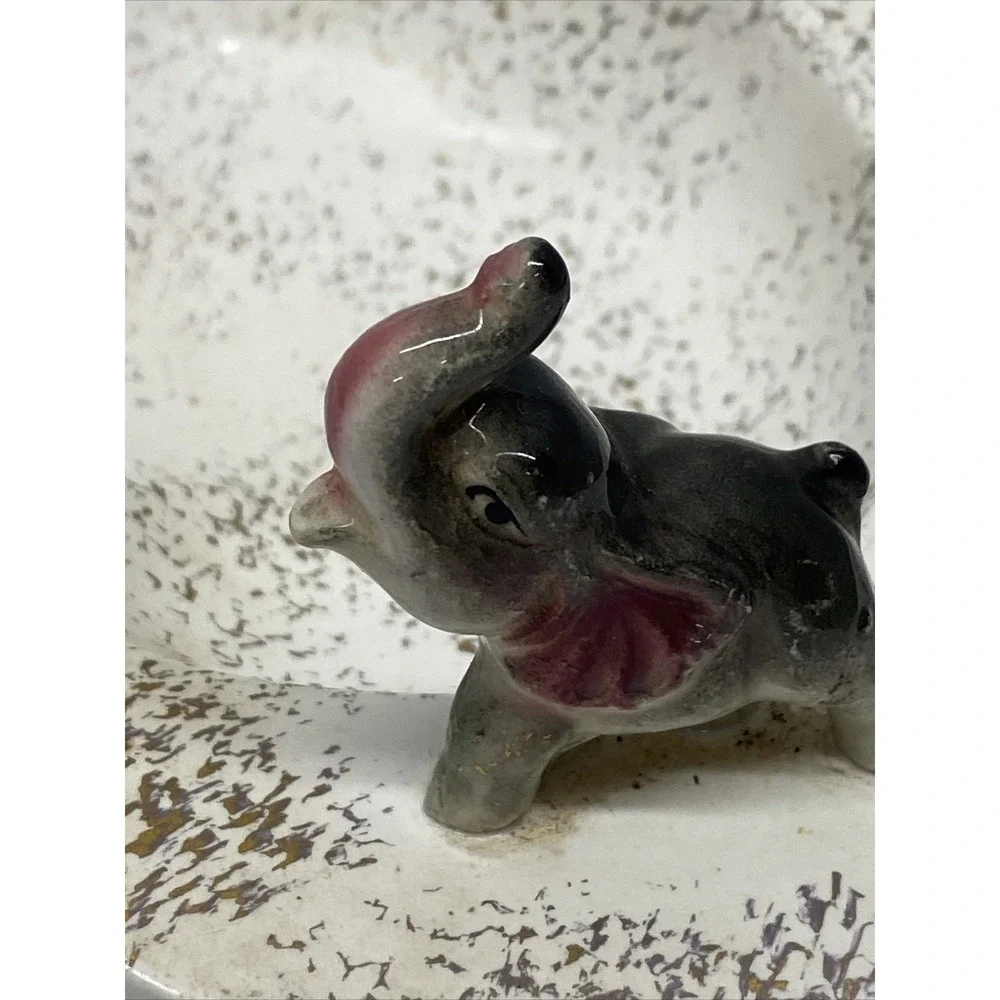 Vtg Ashtray Dish Whimsical Elephant Figurine White W/ Gold specks 6.5 x 4.5